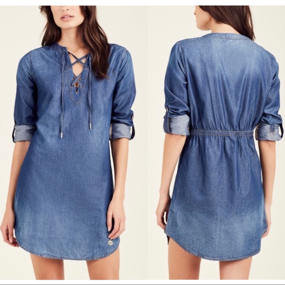 True Religion Lace Up Denim Shirt Dress Sz S